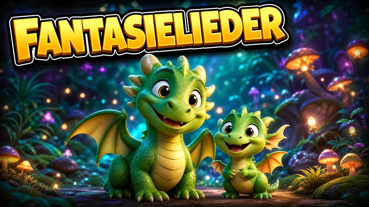 Kleiner Drache und Baby-Dinosaurier in einem leuchtenden Zauberwald