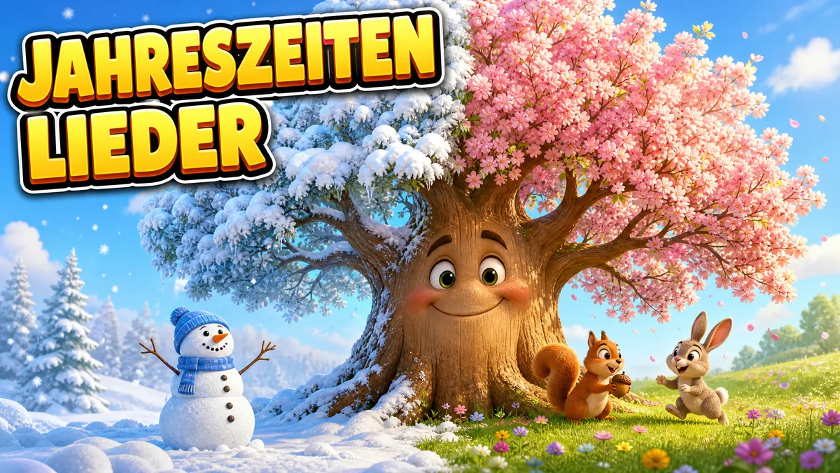 Ein Baum, links verschneit, rechts in Frühlingsblüte