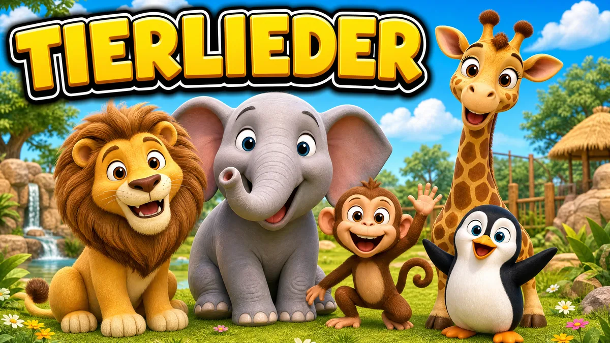Löwe, Elefant, Affe, Giraffe und Pinguin auf einer sonnigen Wiese am Zooeingang